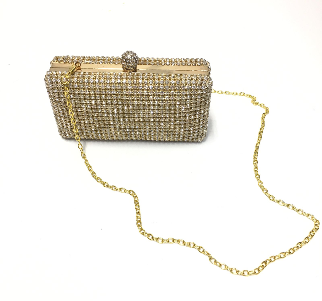 Gold purse with rhinestone appliqué